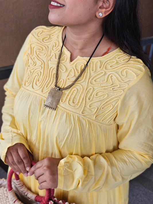 Sunlit Yellow Cord-Embroidery Tiered Dress
