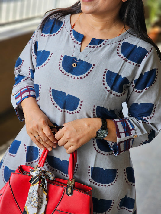 Dusk Grey Half-Moon Print Flare Dress