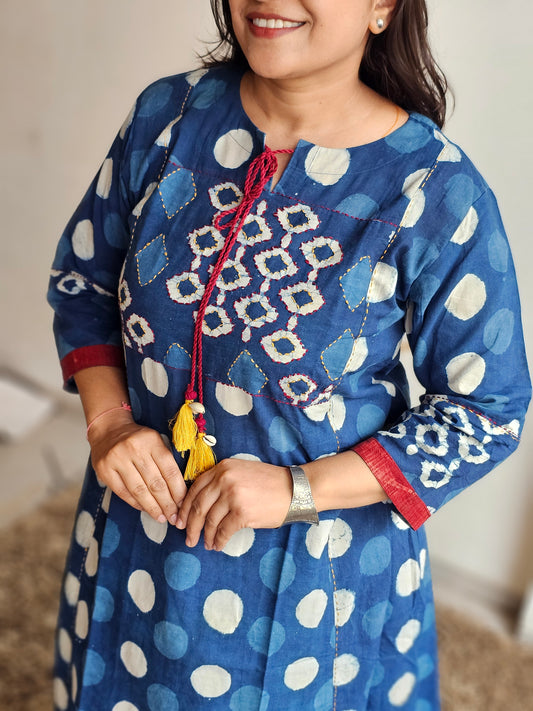 Indigo Polka Dot Print Kurta Set