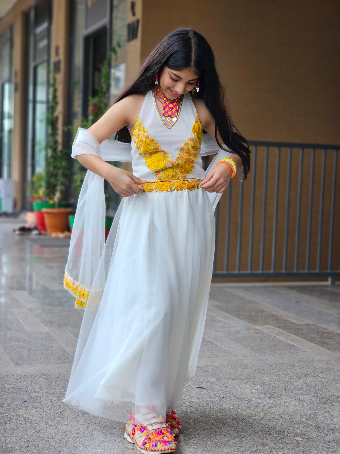 White & Yellow Floral Embroidered Lehenga Set