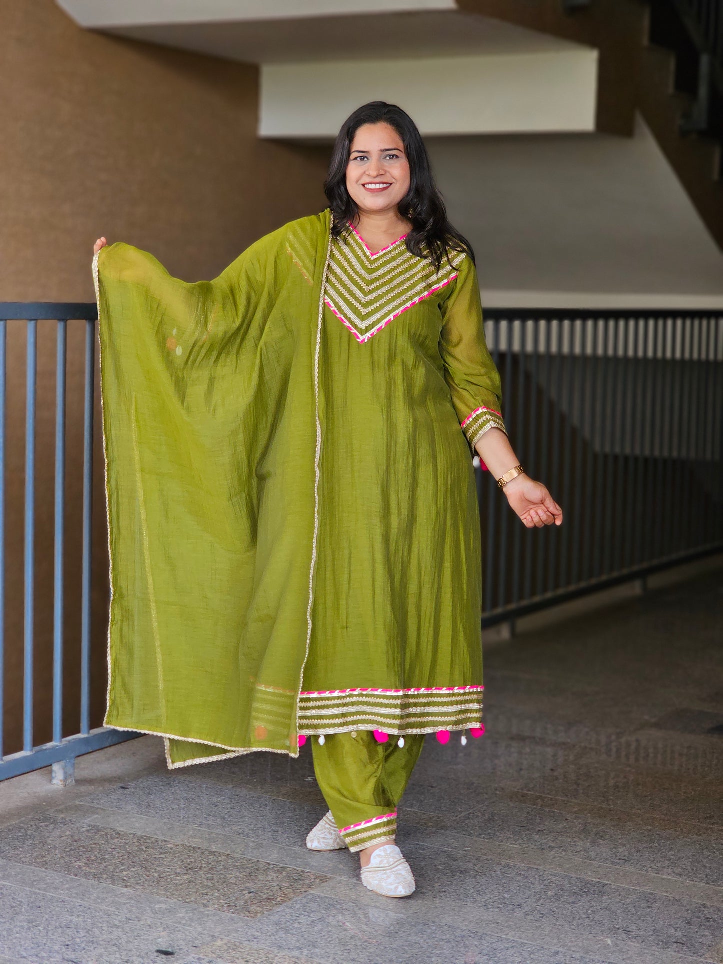 Olive Green Gota Patti Flared Suit Set