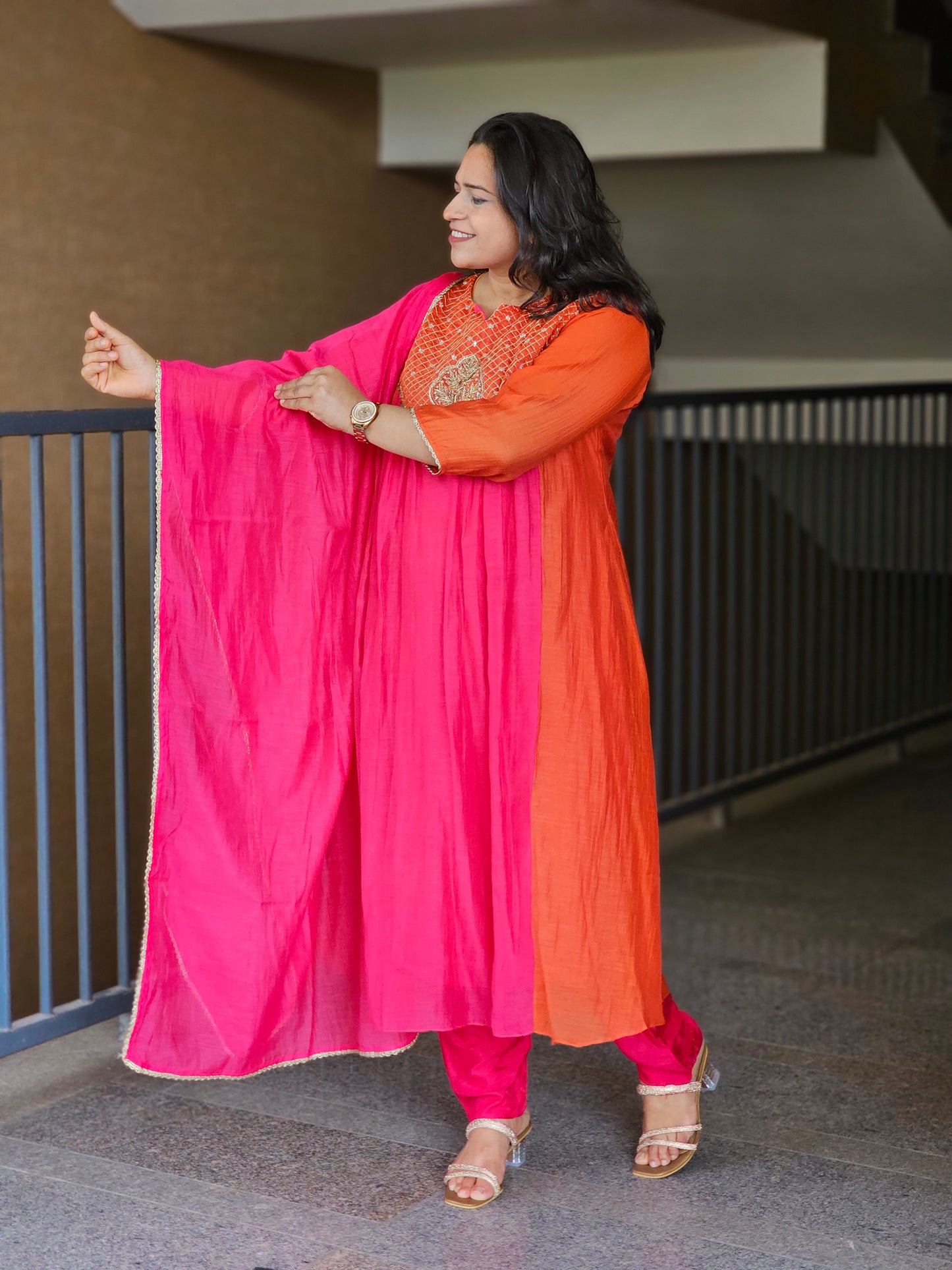 Orange & Rani Pink Anarkali Suit Set