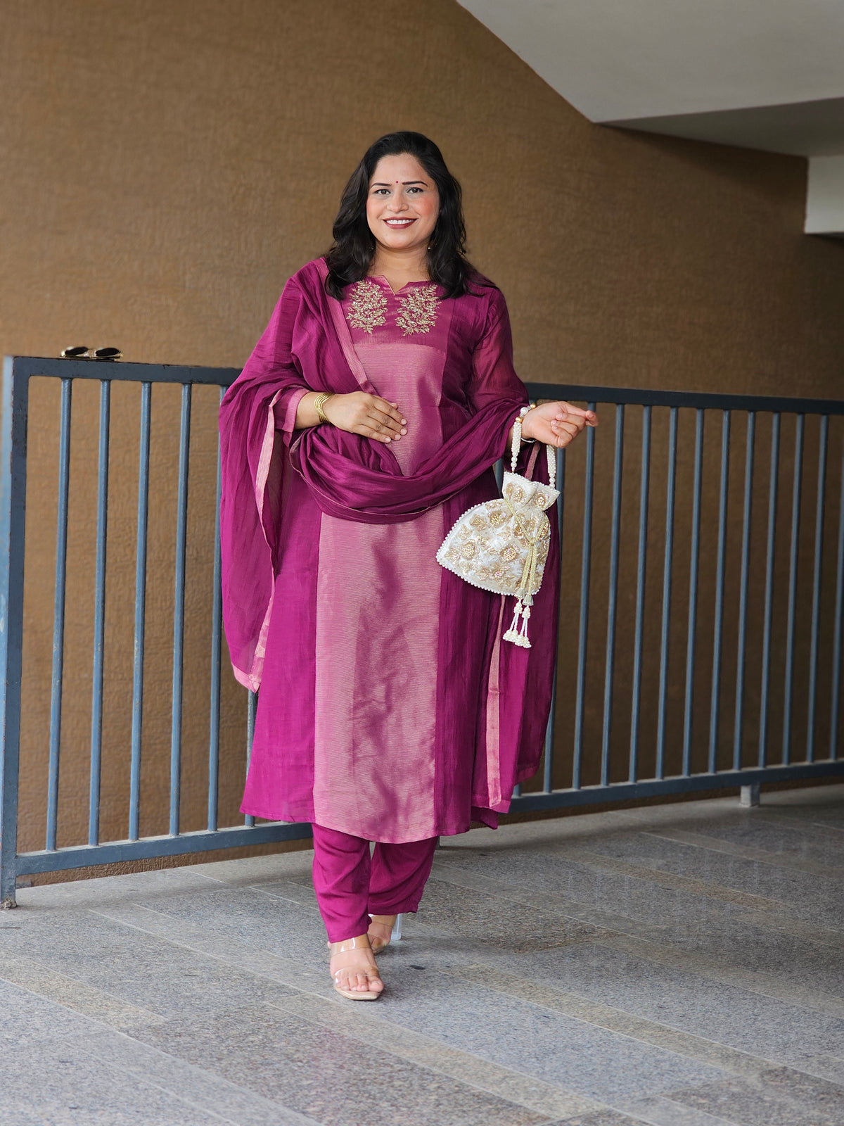 Purple Embroidered Chanderi Silk Kurta Set