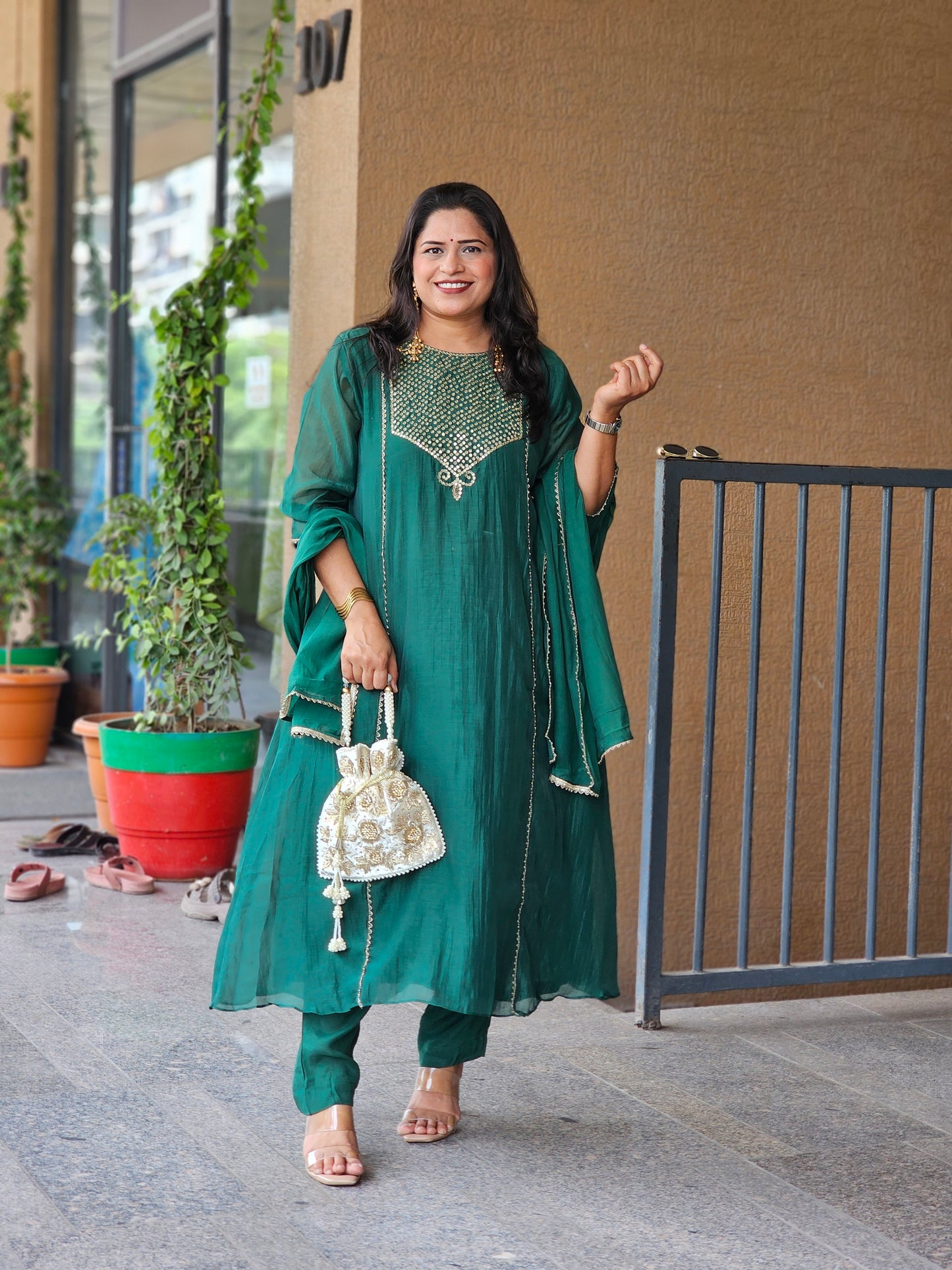 Green Embroidered Flared Kurta Set