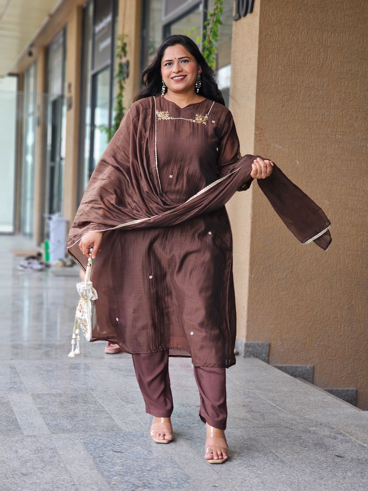 Dark Brown Embroidered Chanderi Silk Kurta Set