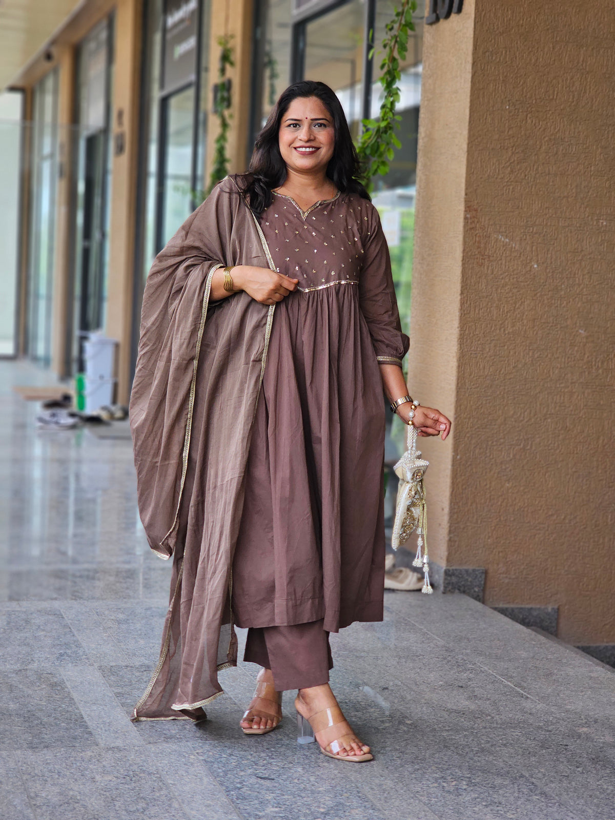 Coffee Brown Embroidered Suit Set