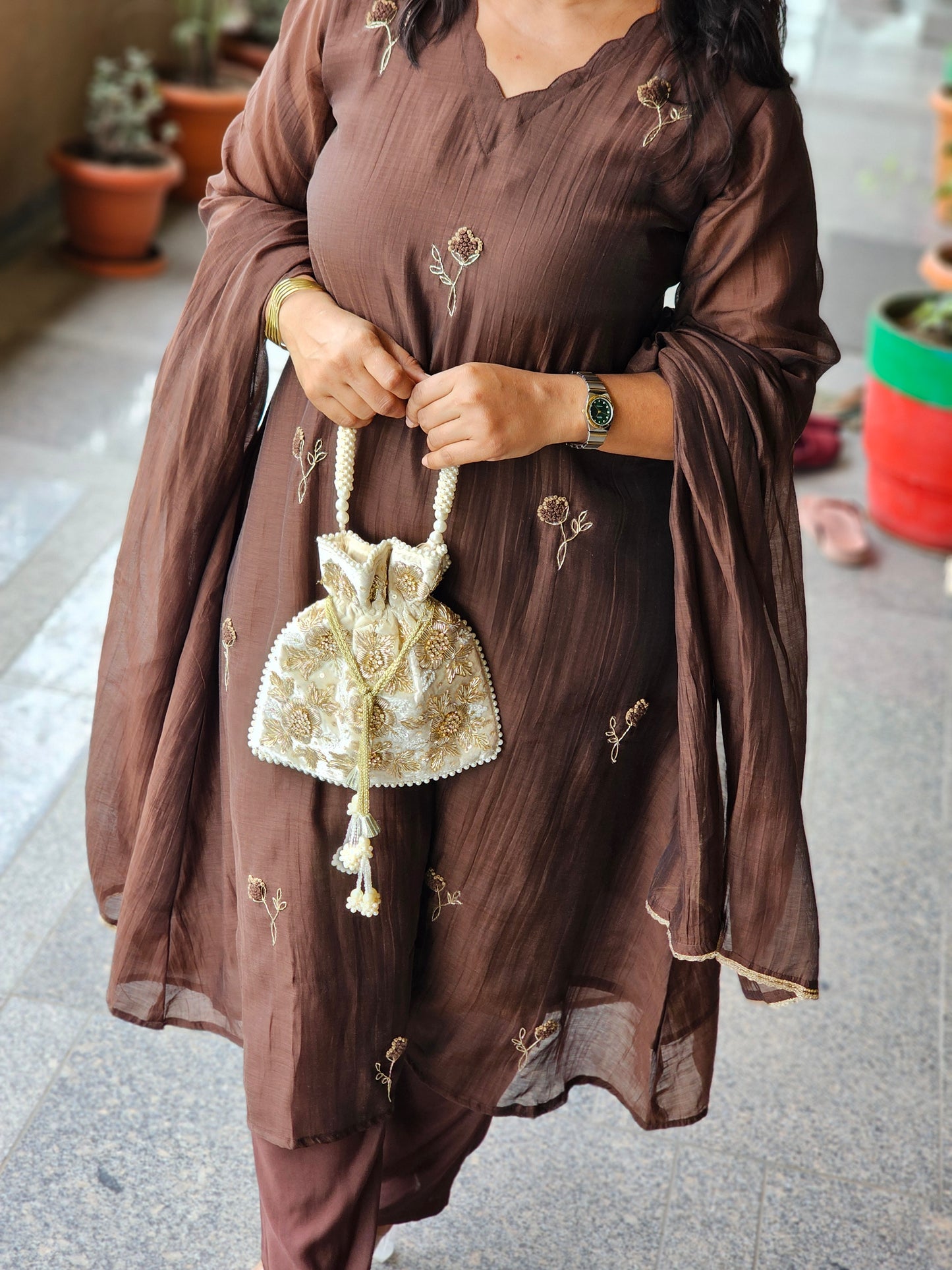 Chocolate Brown Floral Embroidered Kurta Set