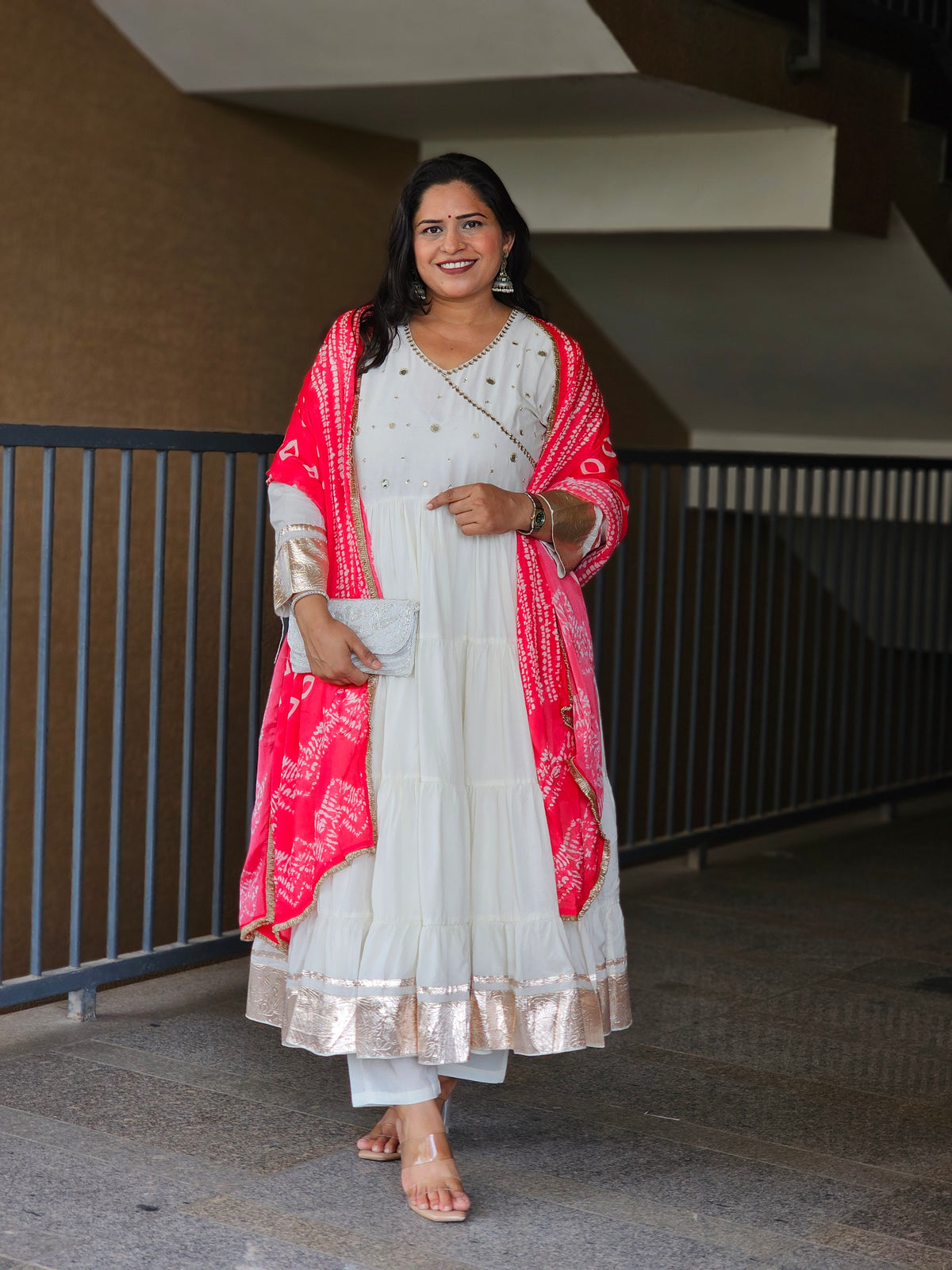 Off-White Angrakha-Style Tiered Anarkali Set