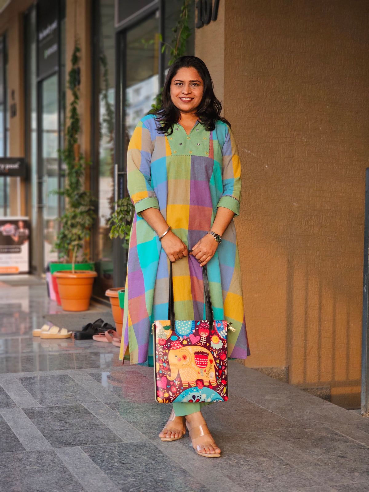 Vibrant Checked V-Neck Kurta-Plazo Set