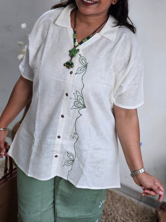 White & Olive Green Floral Embroidered Co-ord Set