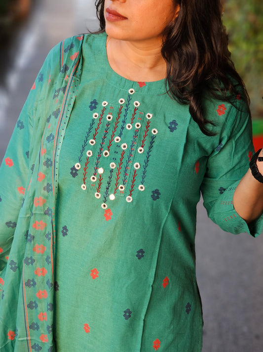 Teal Green Embroidered Cotton Suit Set with Dupatta