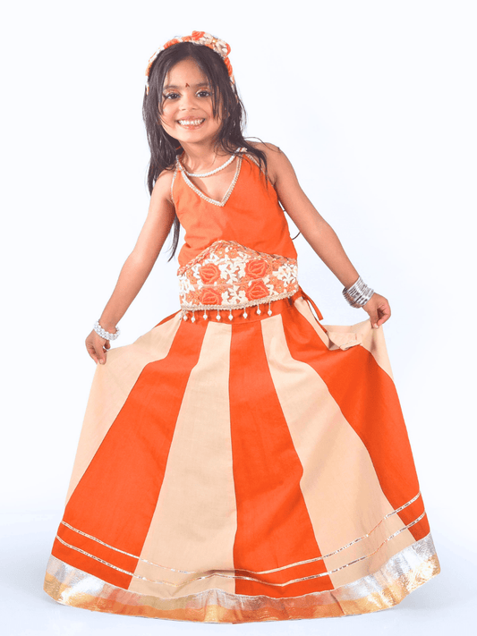Orange & Cream Floral Embroidered Lehenga Choli Set