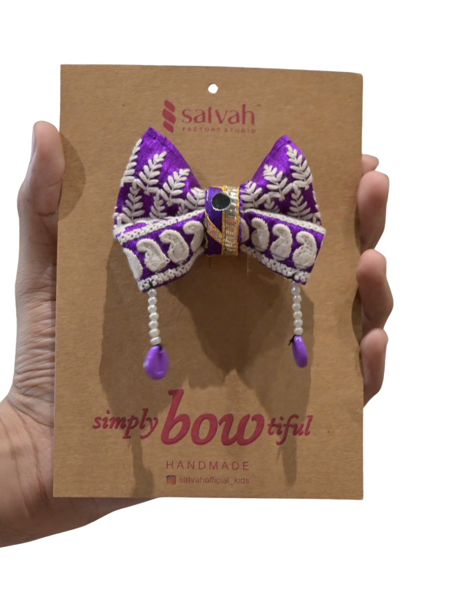 Royal Purple Embroidered Hair Bow with Beaded Tassels