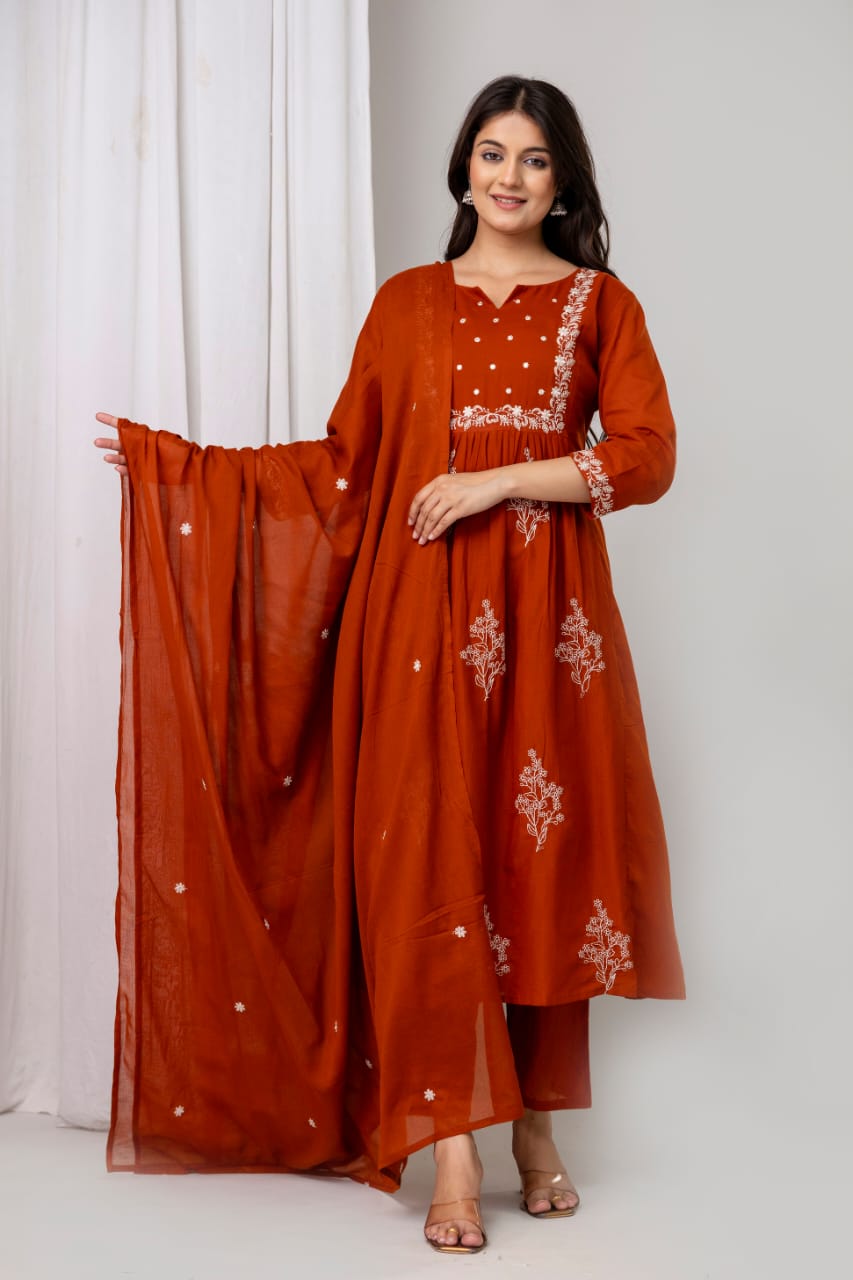 Rust Orange Embroidered Kurti Set with Dupatta – Festive Elegance Redefined