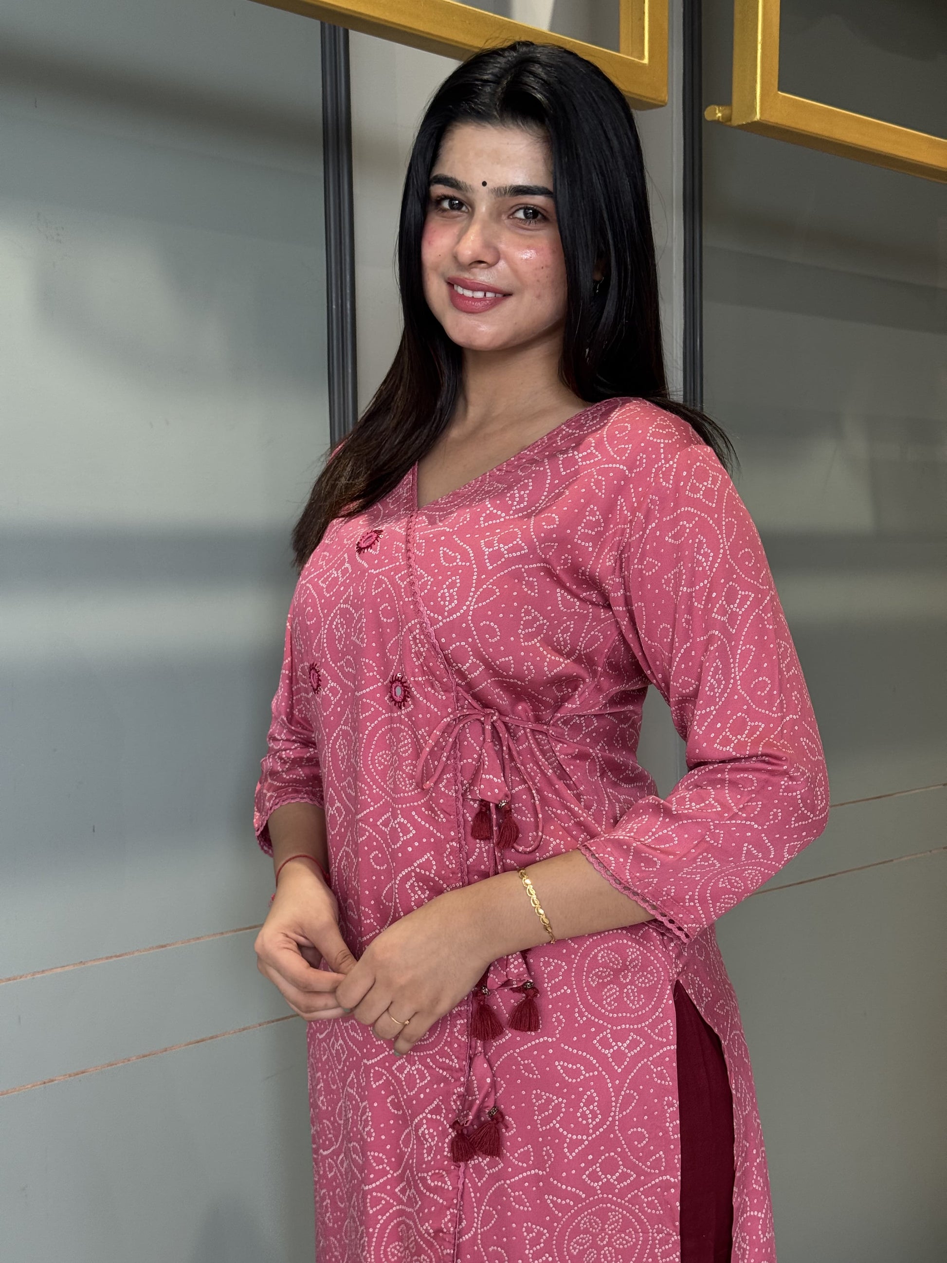 Rajasthani Print Wrap Kurti with Tassels – Elegant Maroon & Pink