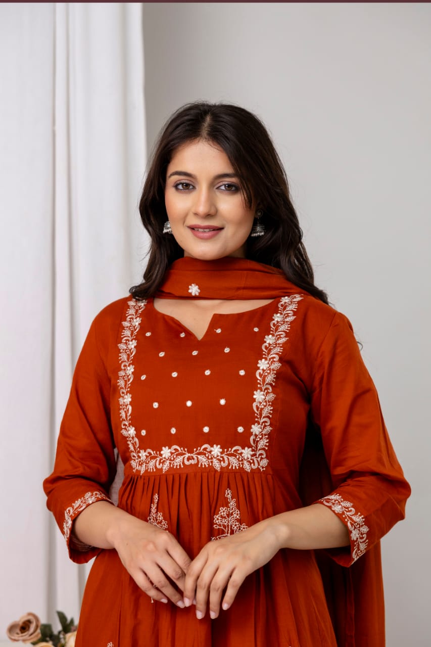 Rust Orange Embroidered Kurti Set with Dupatta – Festive Elegance Redefined