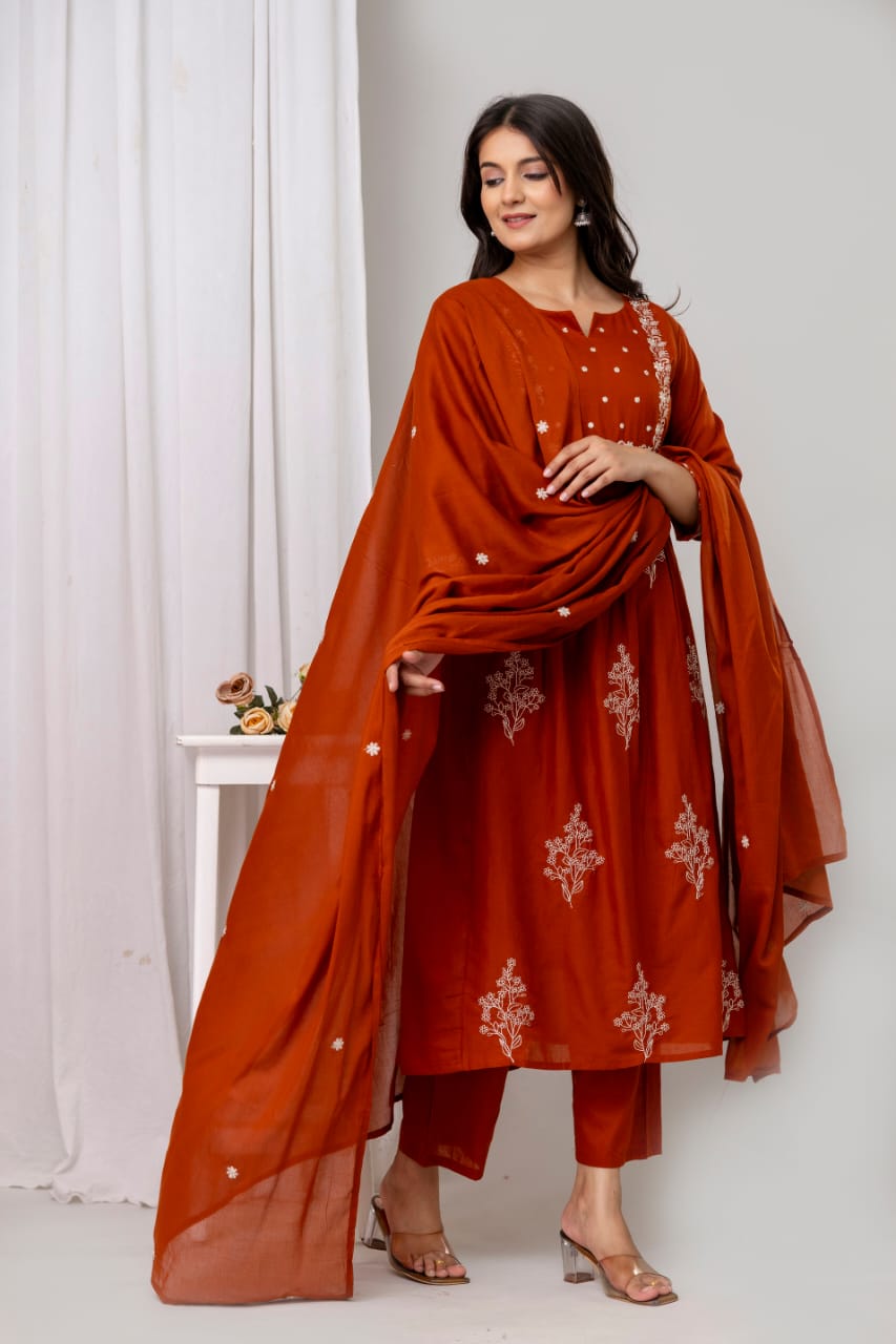 Rust Orange Embroidered Kurti Set with Dupatta – Festive Elegance Redefined