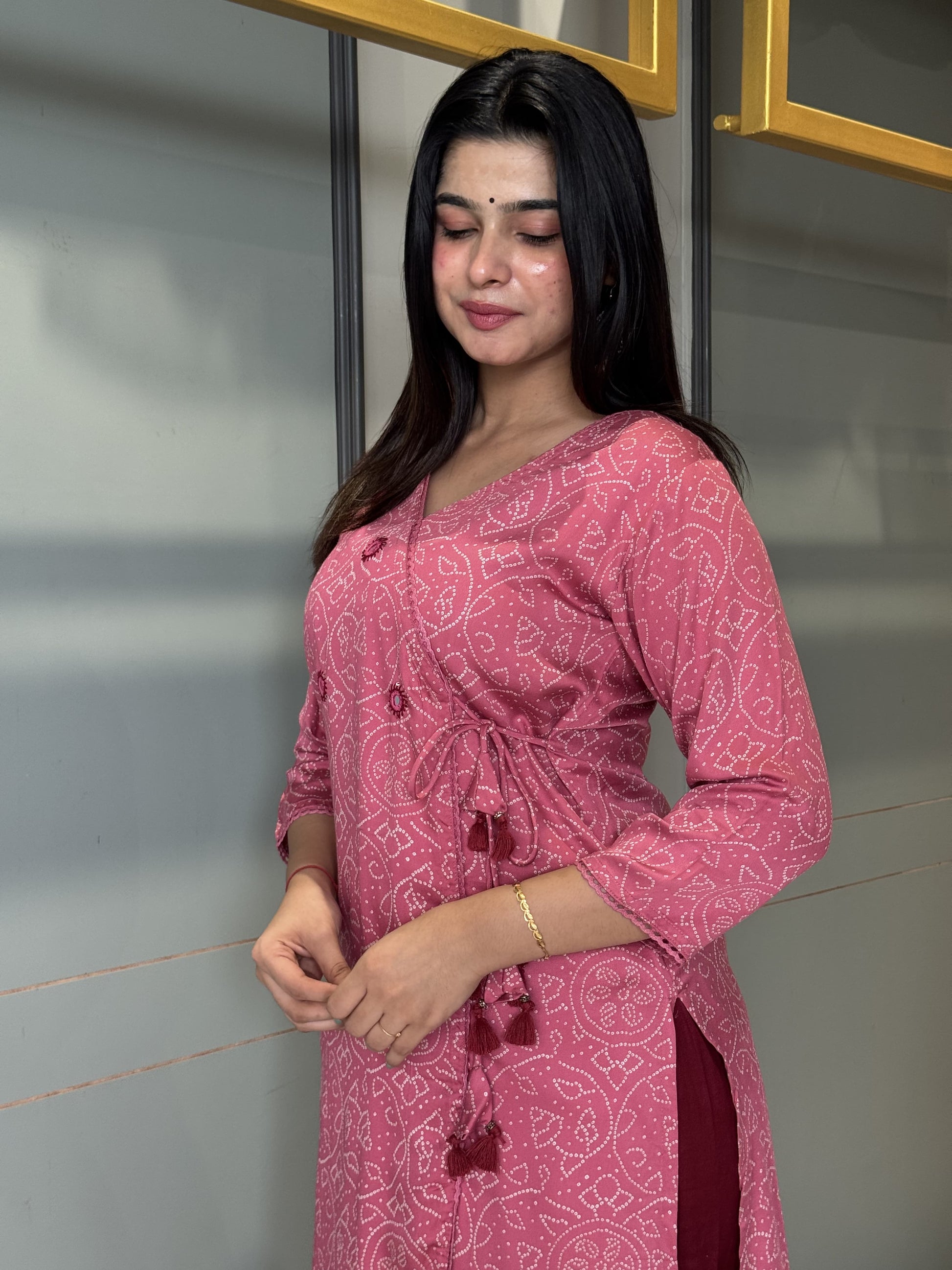 Rajasthani Print Wrap Kurti with Tassels – Elegant Maroon & Pink