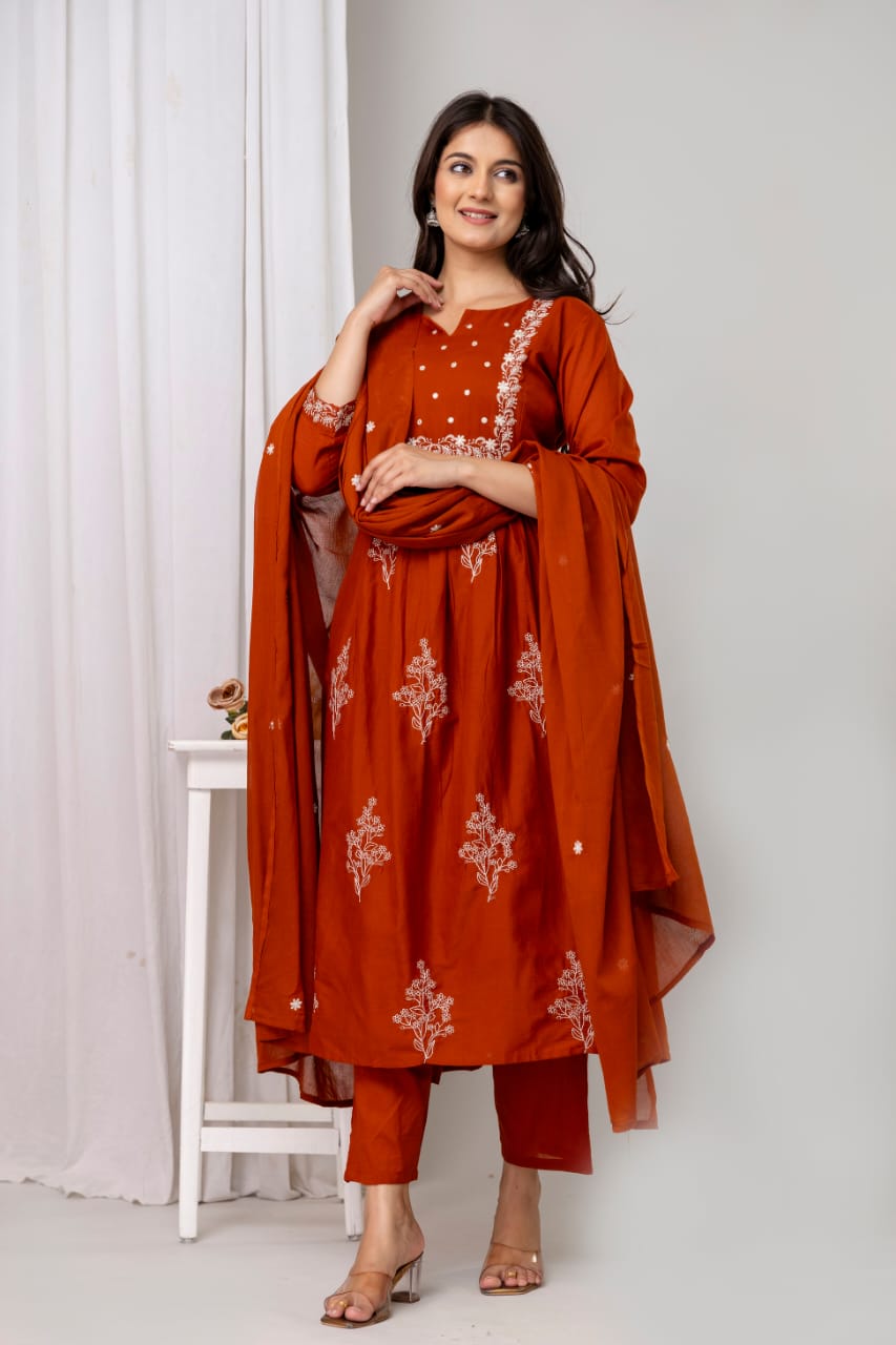 Rust Orange Embroidered Kurti Set with Dupatta – Festive Elegance Redefined