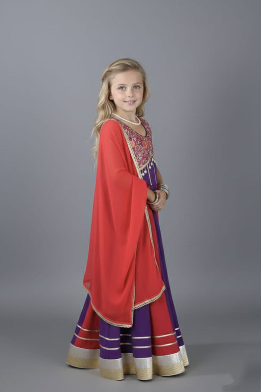 Purple & Red Embroidered Lehenga Choli Set