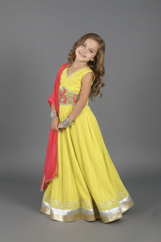 Yellow & Pink Embroidered Lehenga Choli Set