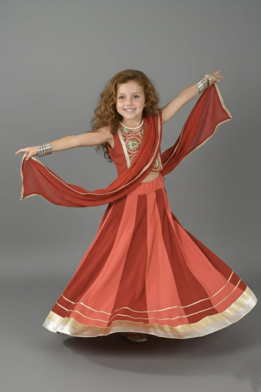 Rust Red & Coral Embroidered Lehenga Choli Set