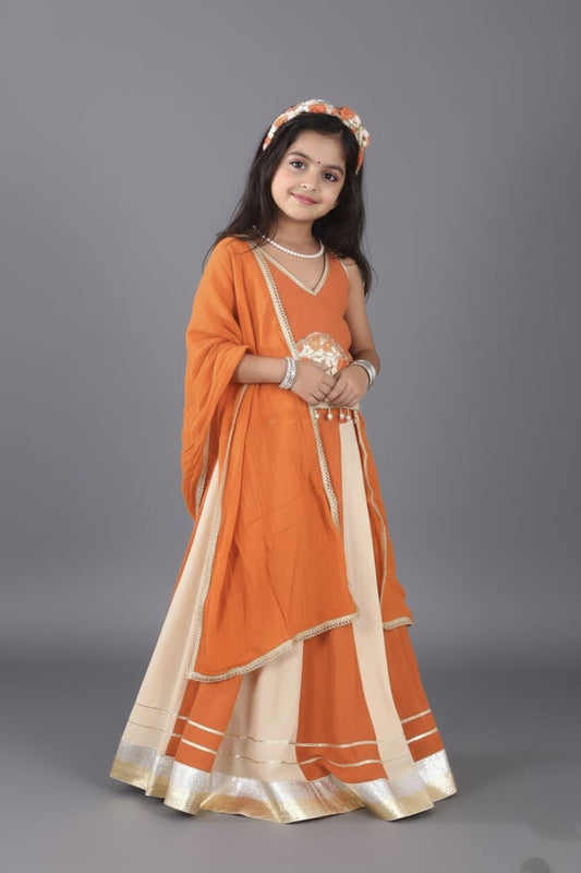 Orange & Cream Floral Embroidered Lehenga Choli Set