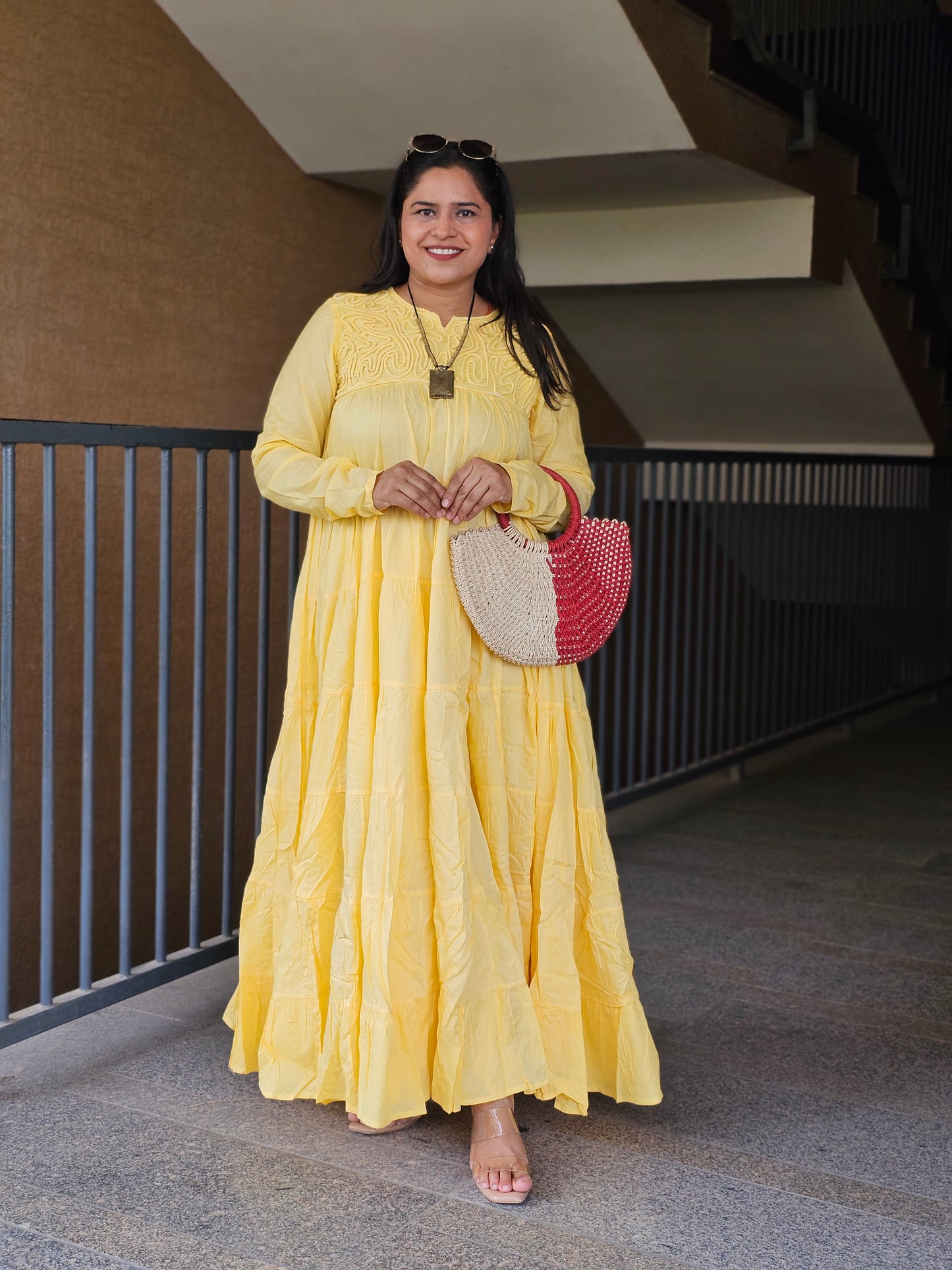 Sunlit Yellow Cord-Embroidery Tiered Dress