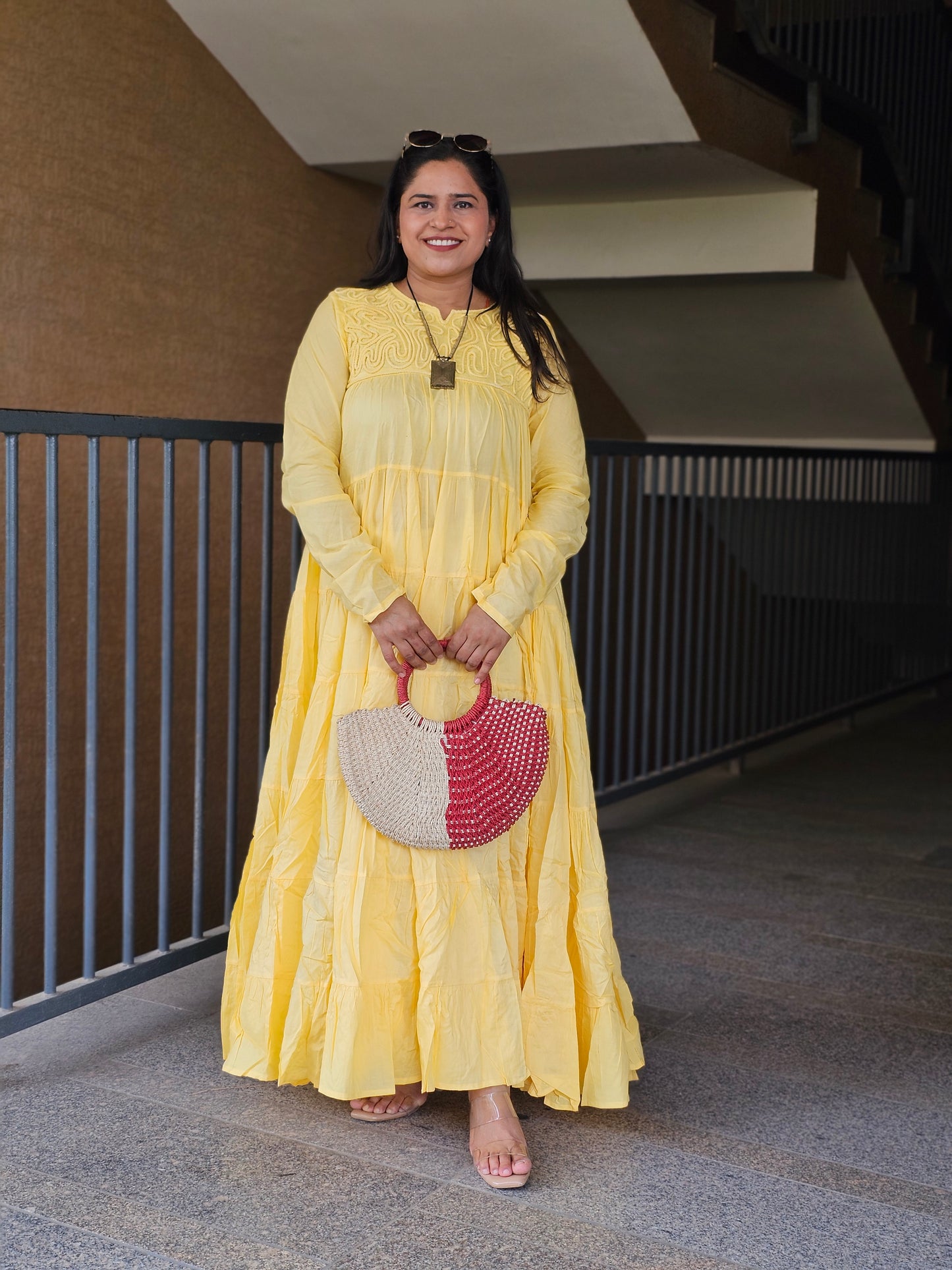 Sunlit Yellow Cord-Embroidery Tiered Dress