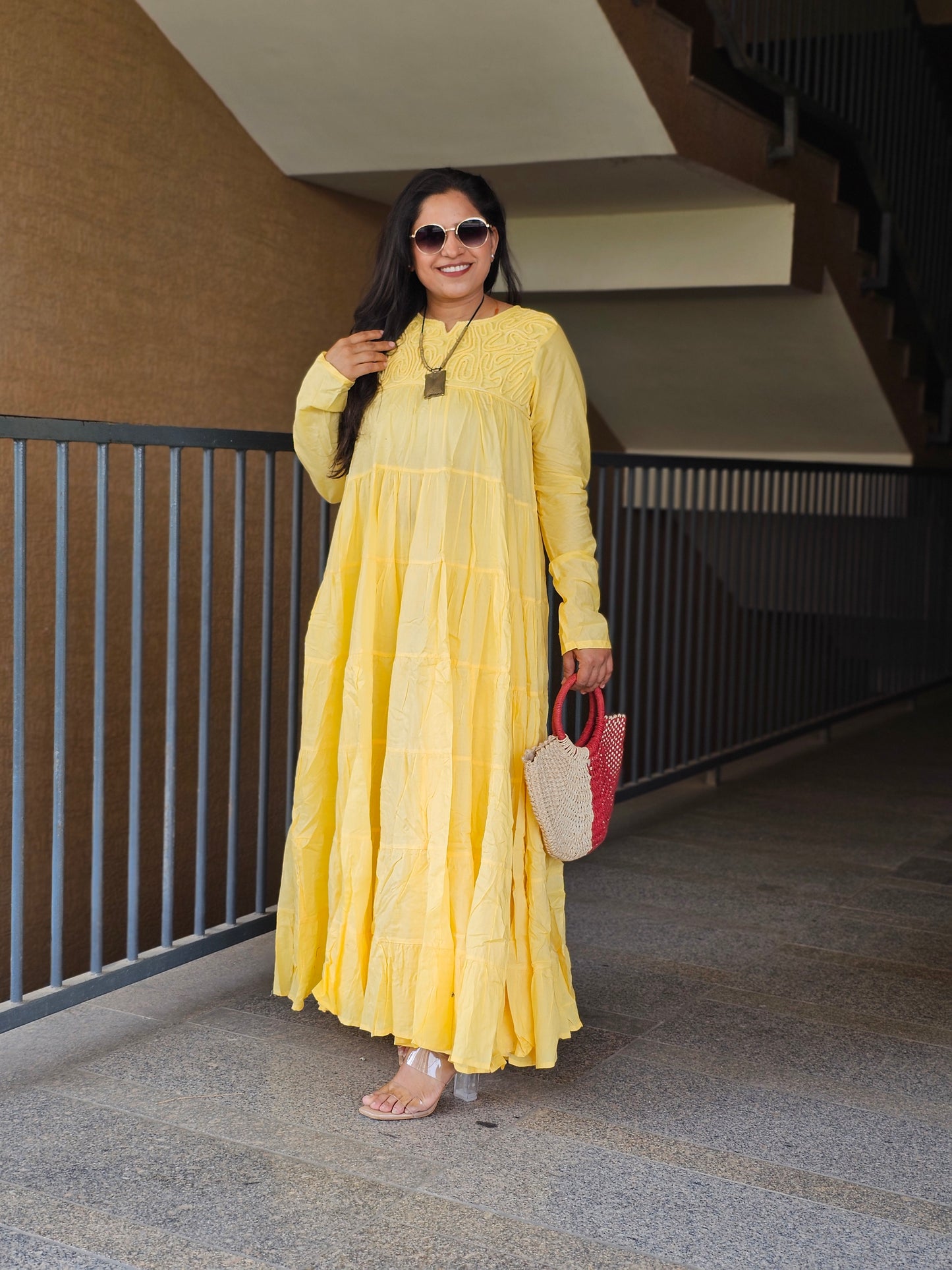 Sunlit Yellow Cord-Embroidery Tiered Dress