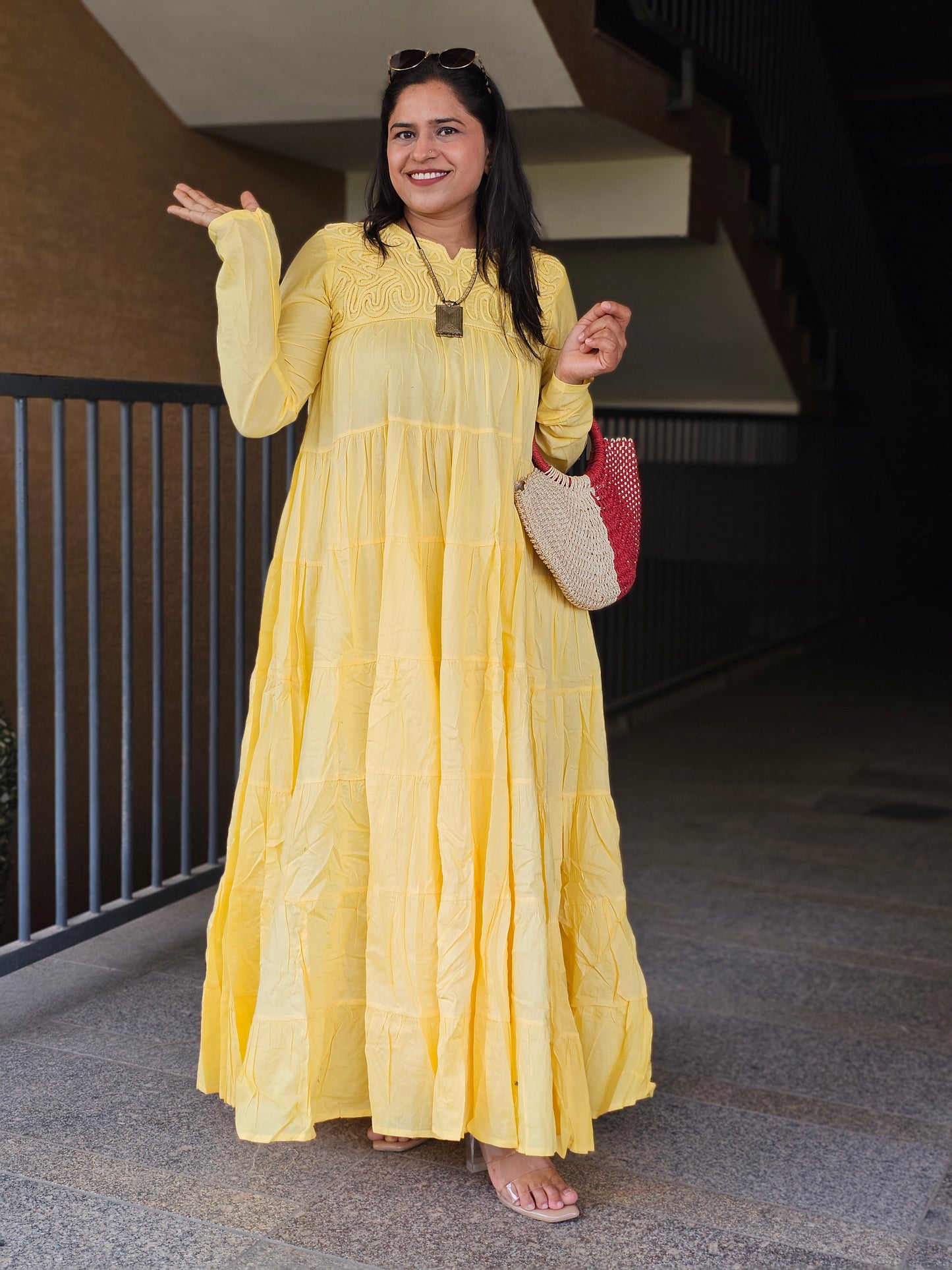 Sunlit Yellow Cord-Embroidery Tiered Dress