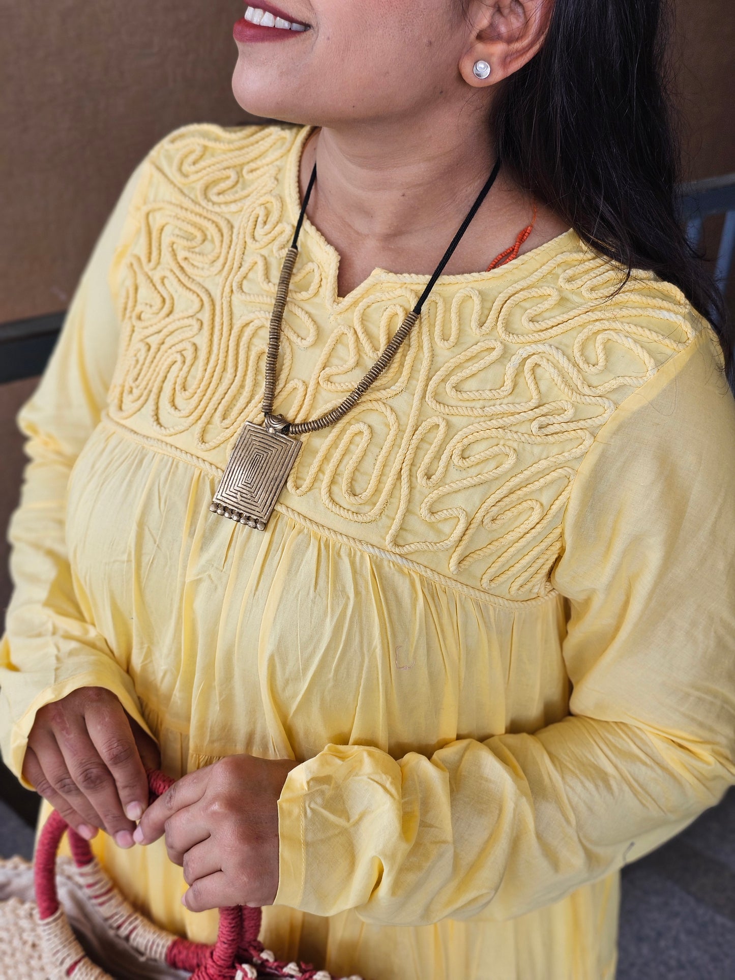 Sunlit Yellow Cord-Embroidery Tiered Dress