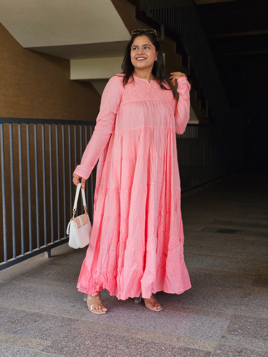 Candy Pink Boho-Chic Tiered Dress