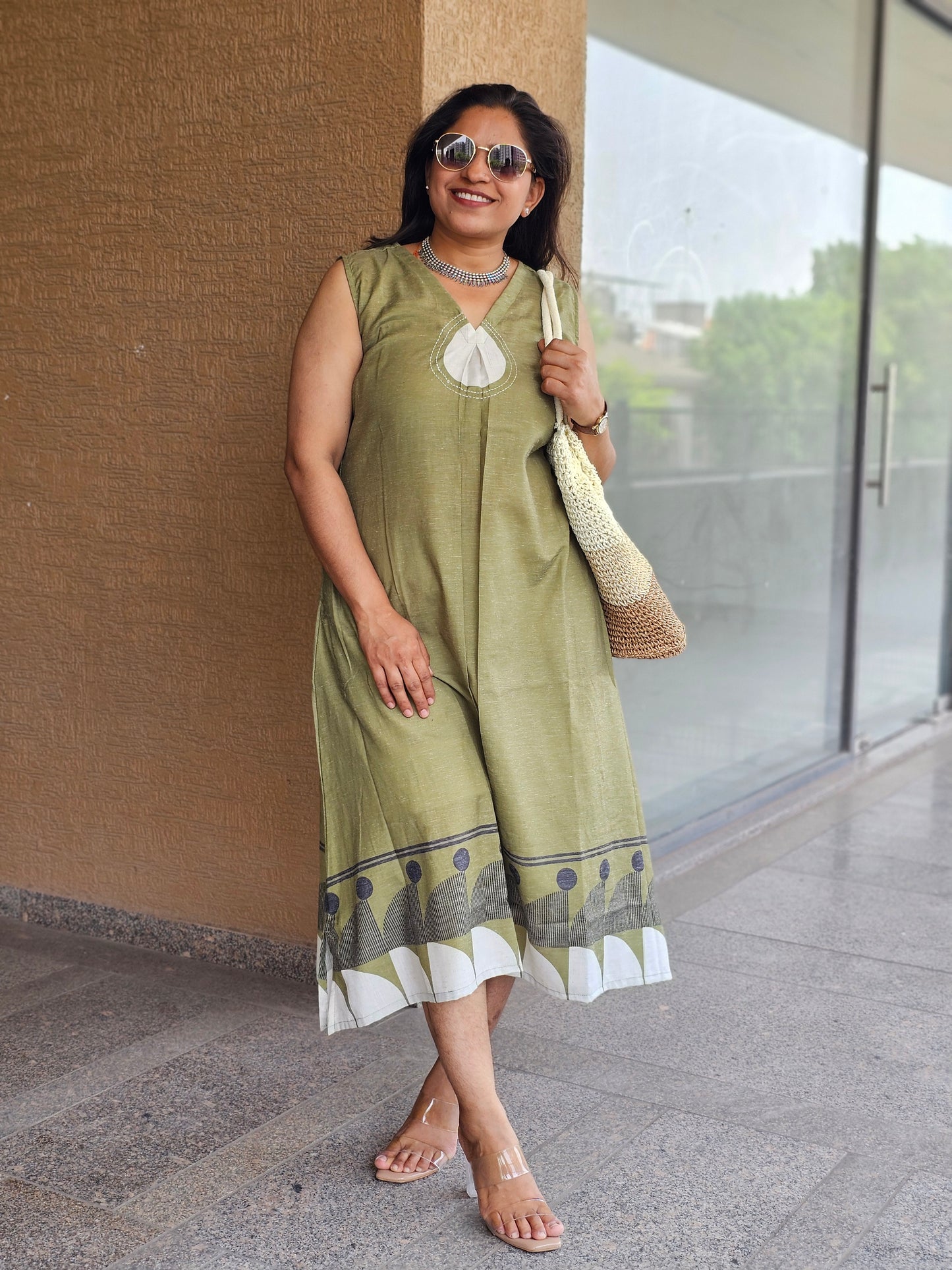 Earthy Green Fusion Midi Dress