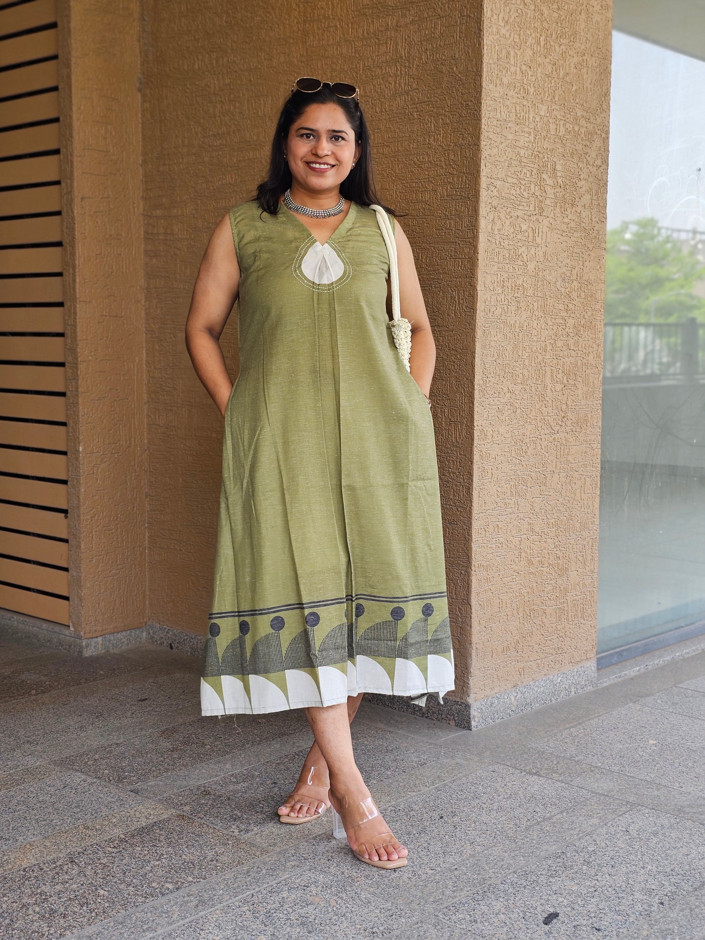 Earthy Green Fusion Midi Dress