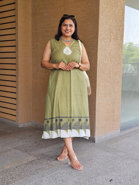 Earthy Green Fusion Midi Dress
