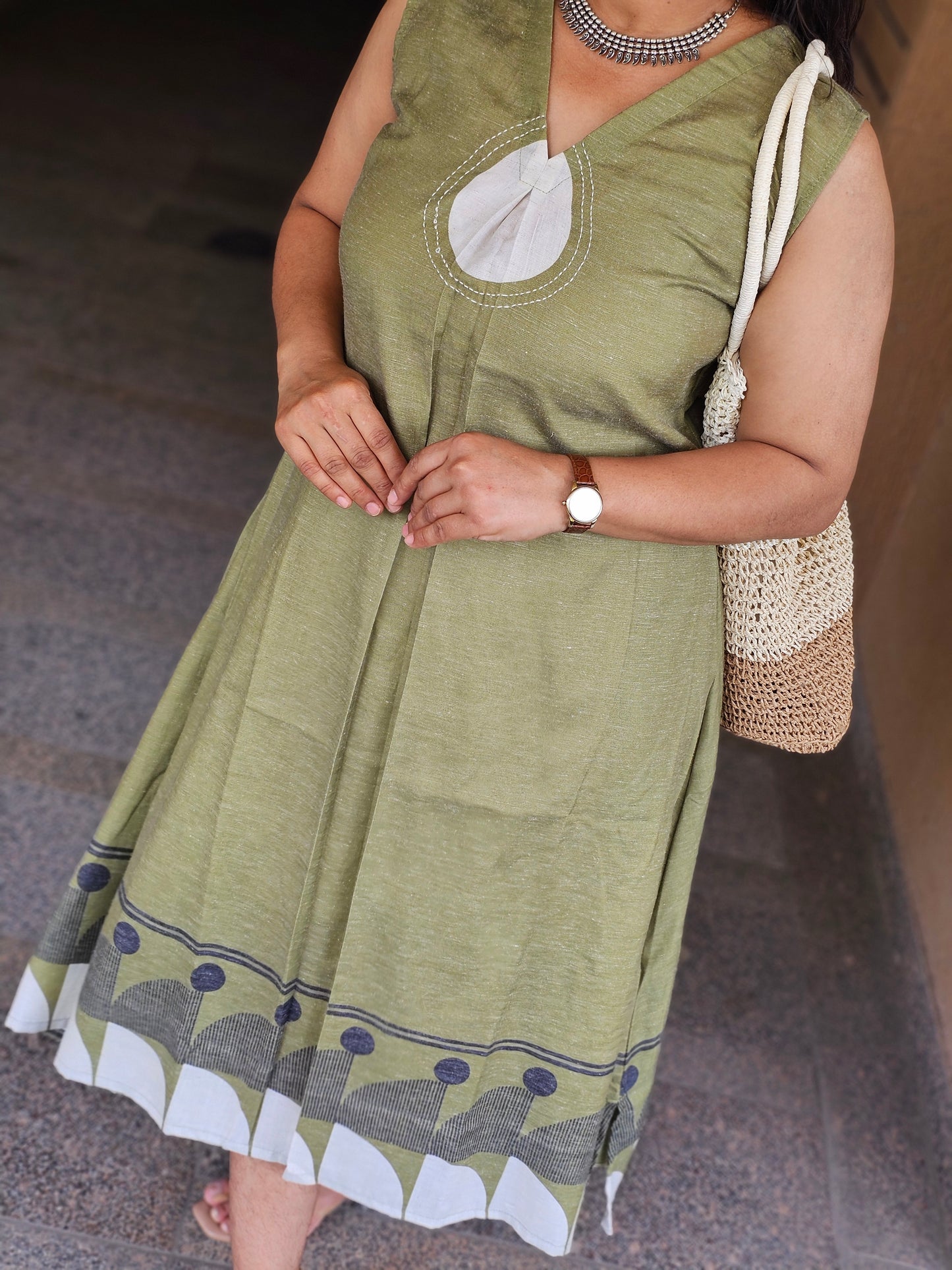 Earthy Green Fusion Midi Dress