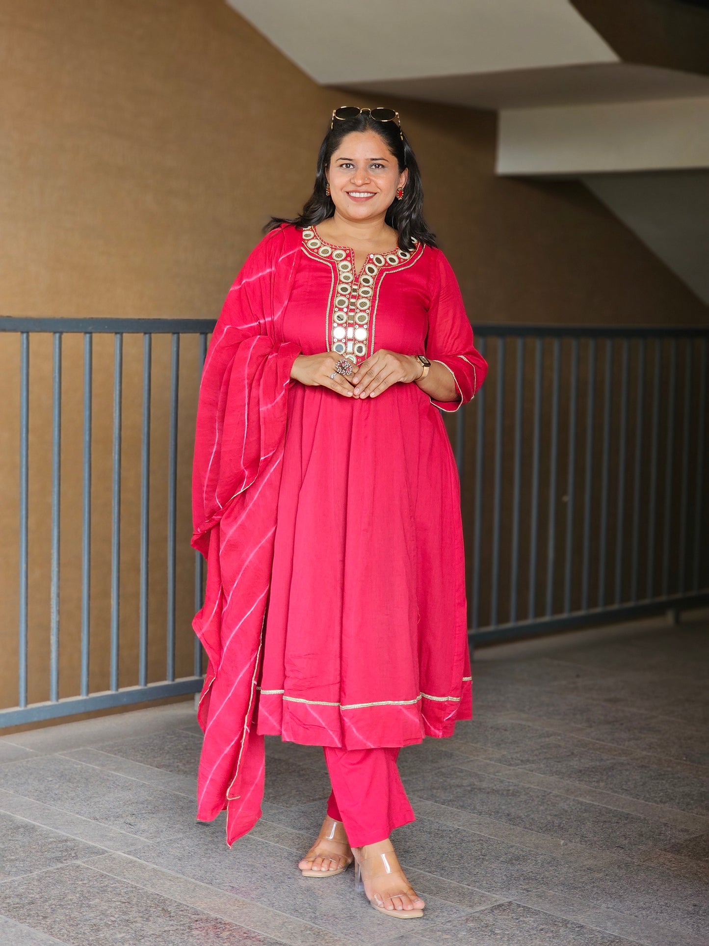 Aura Pink Mirror-Work Suit Set