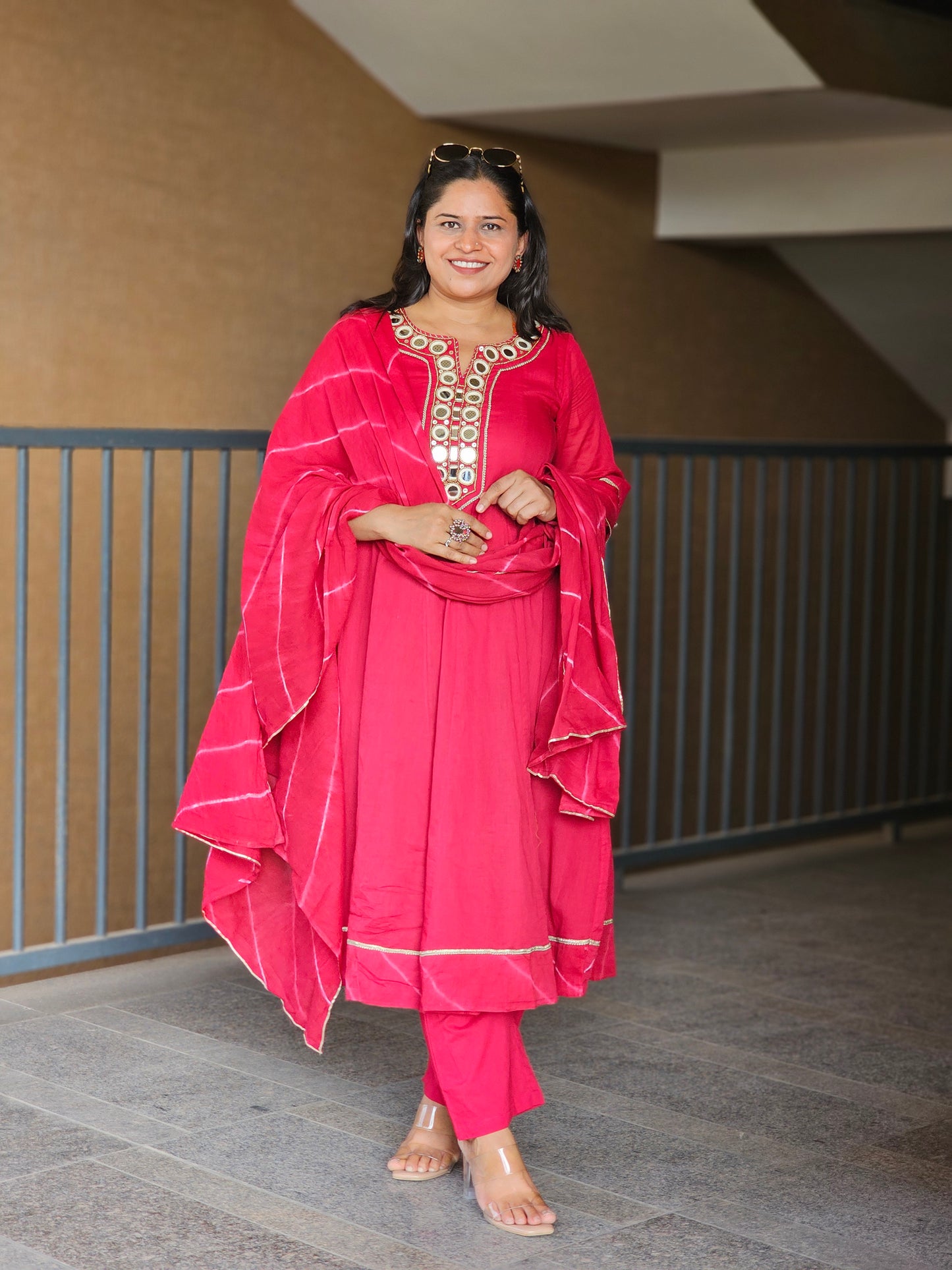 Aura Pink Mirror-Work Suit Set