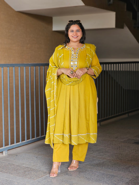 Mustard Festive Mirror-Neck Suit Set
