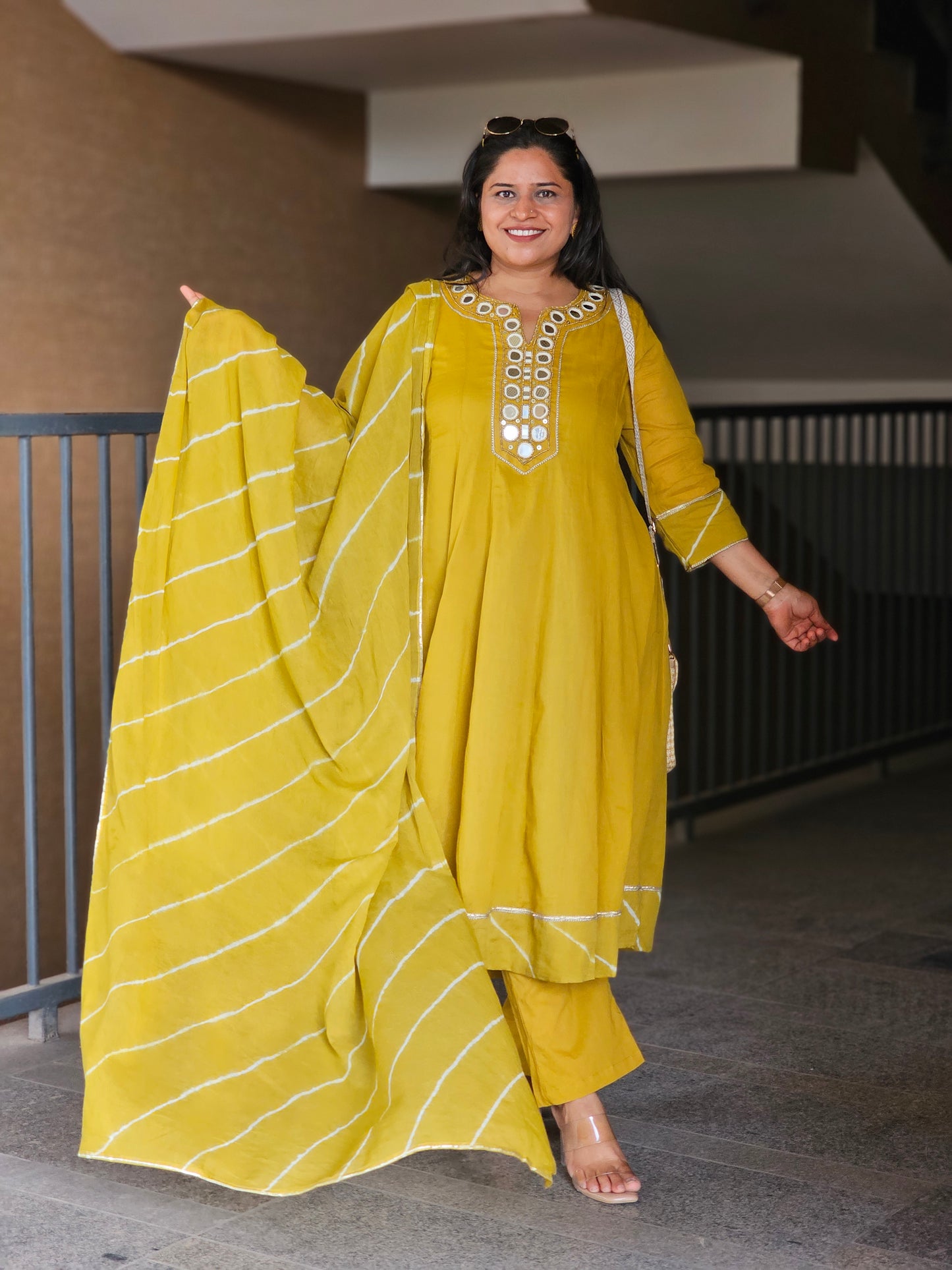 Mustard Festive Mirror-Neck Suit Set