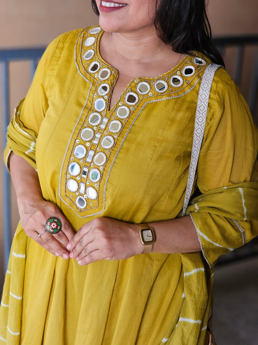 Mustard Festive Mirror-Neck Suit Set