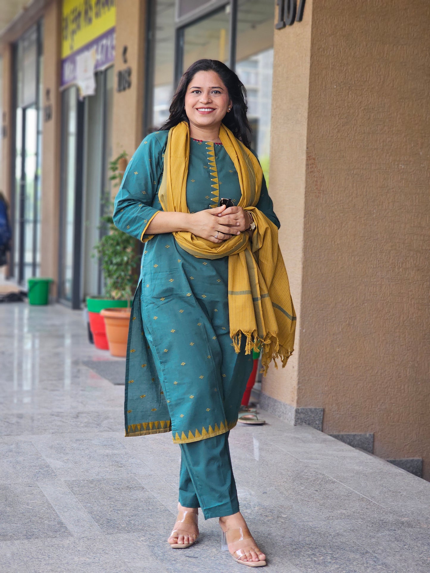 Deep Teal & Mustard Zari Booti 3PCS Set