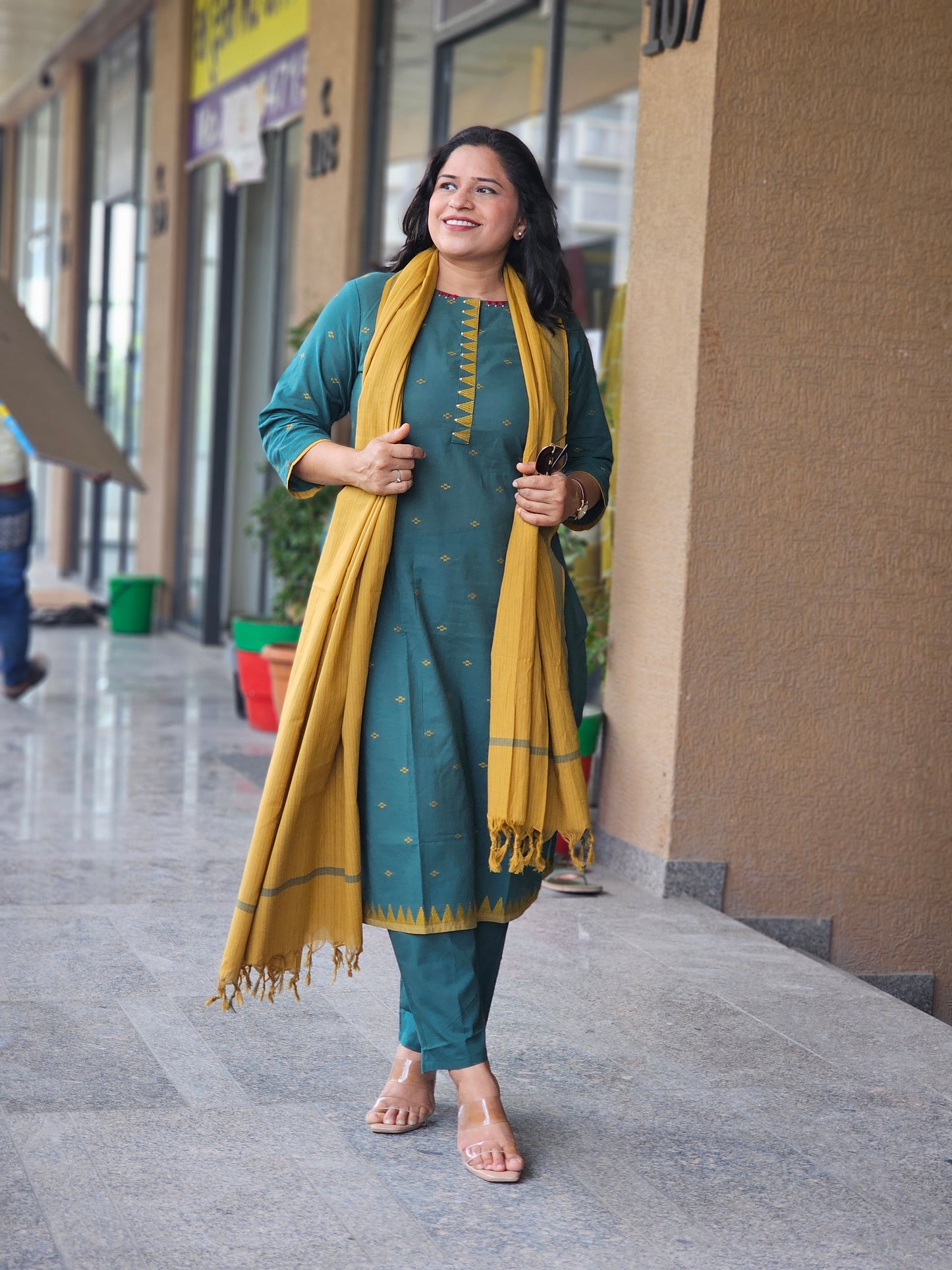 Deep Teal & Mustard Zari Booti 3PCS Set