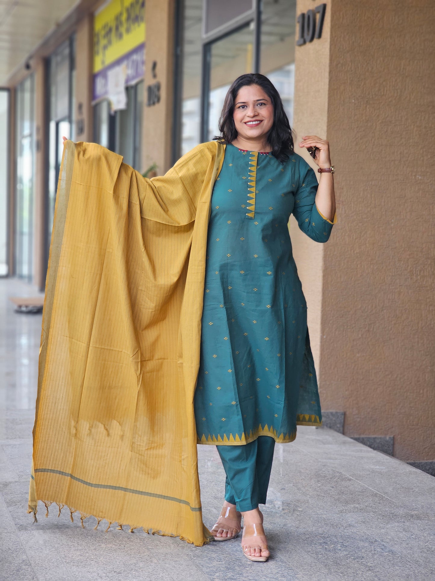 Deep Teal & Mustard Zari Booti 3PCS Set