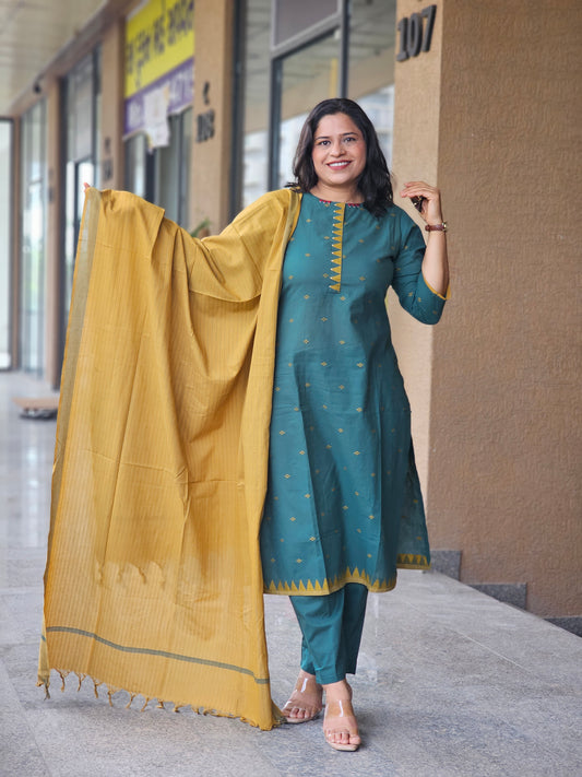 Deep Teal & Mustard Zari Booti 3PCS Set