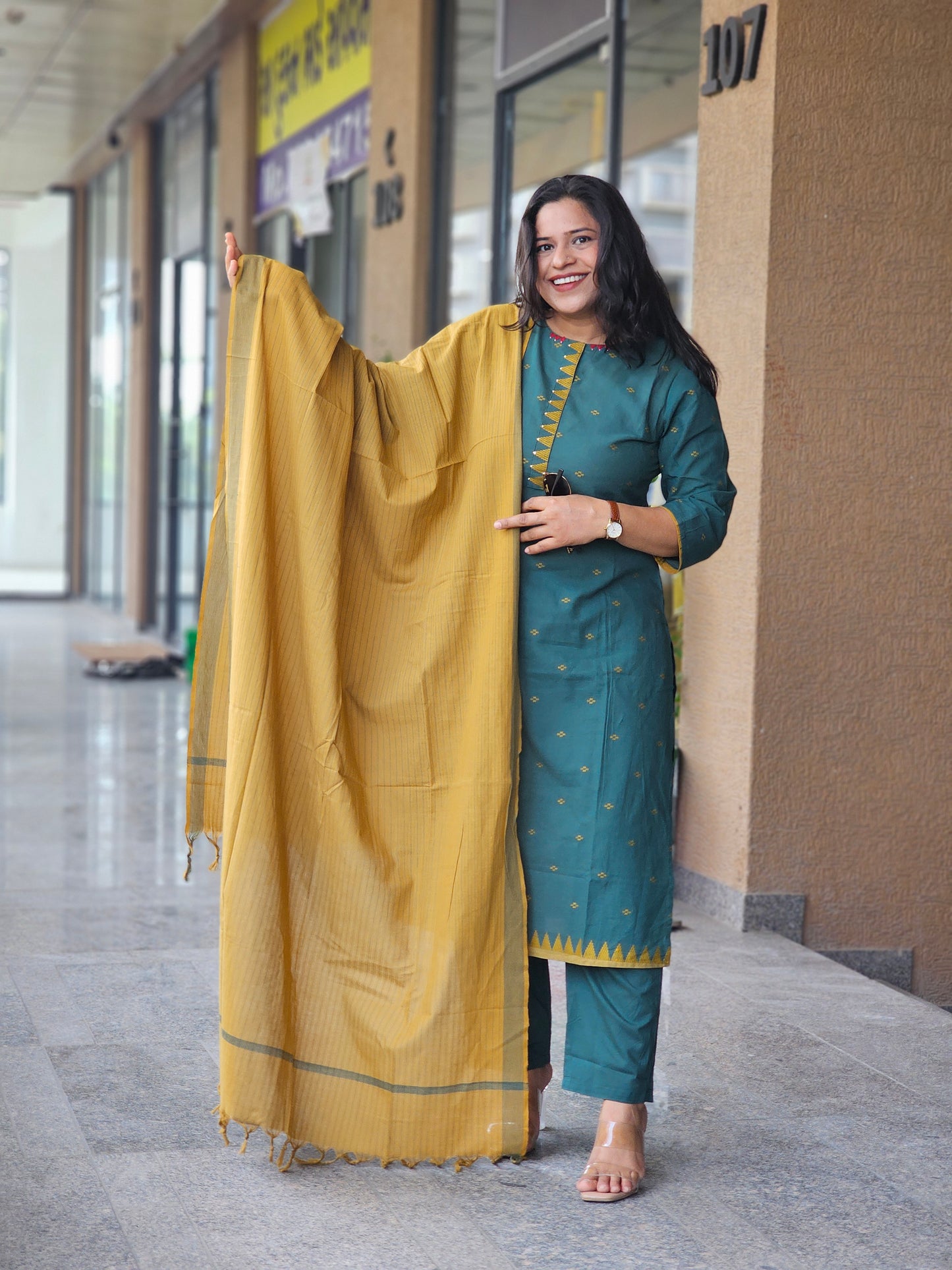 Deep Teal & Mustard Zari Booti 3PCS Set