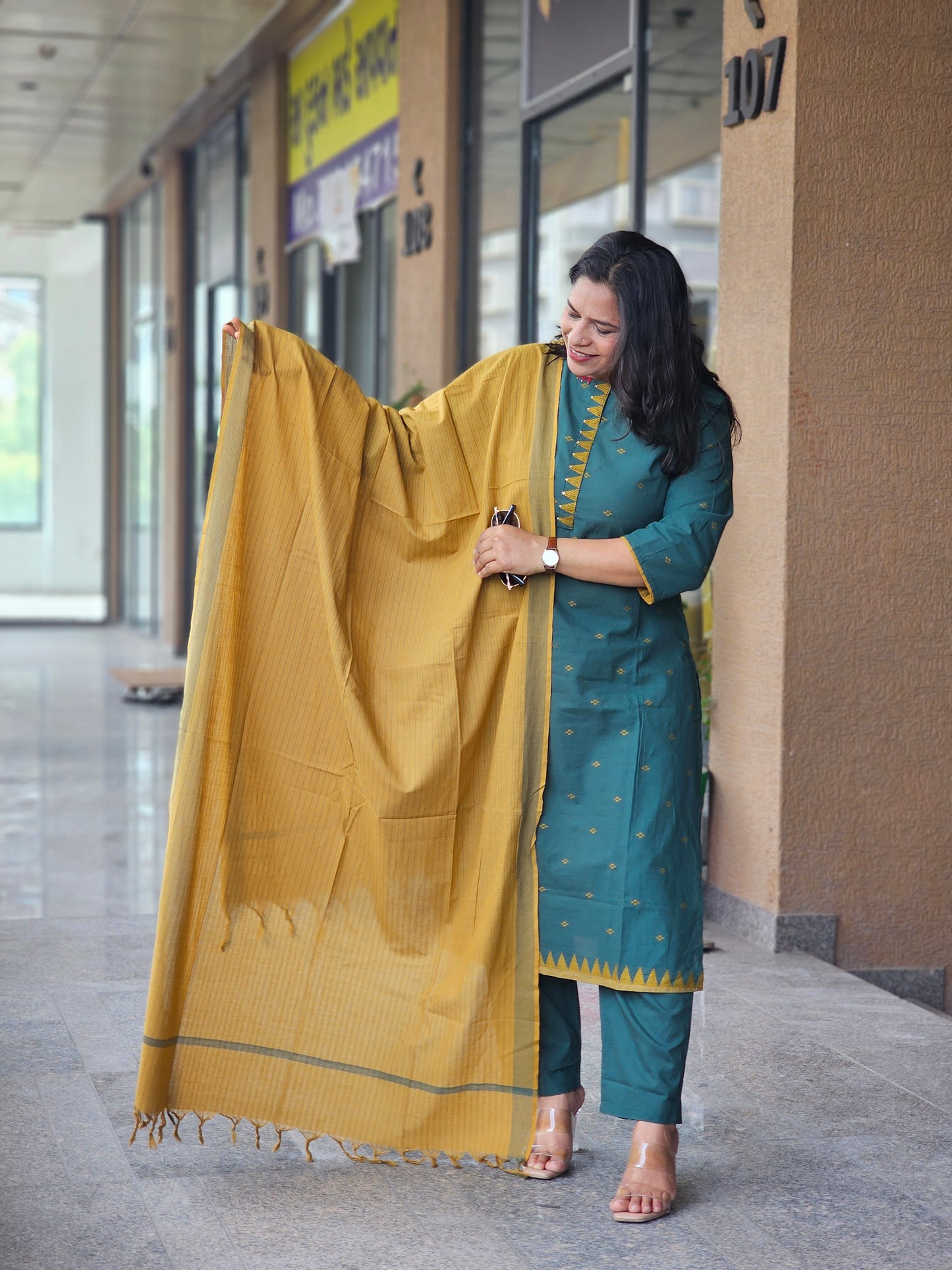 Deep Teal & Mustard Zari Booti 3PCS Set