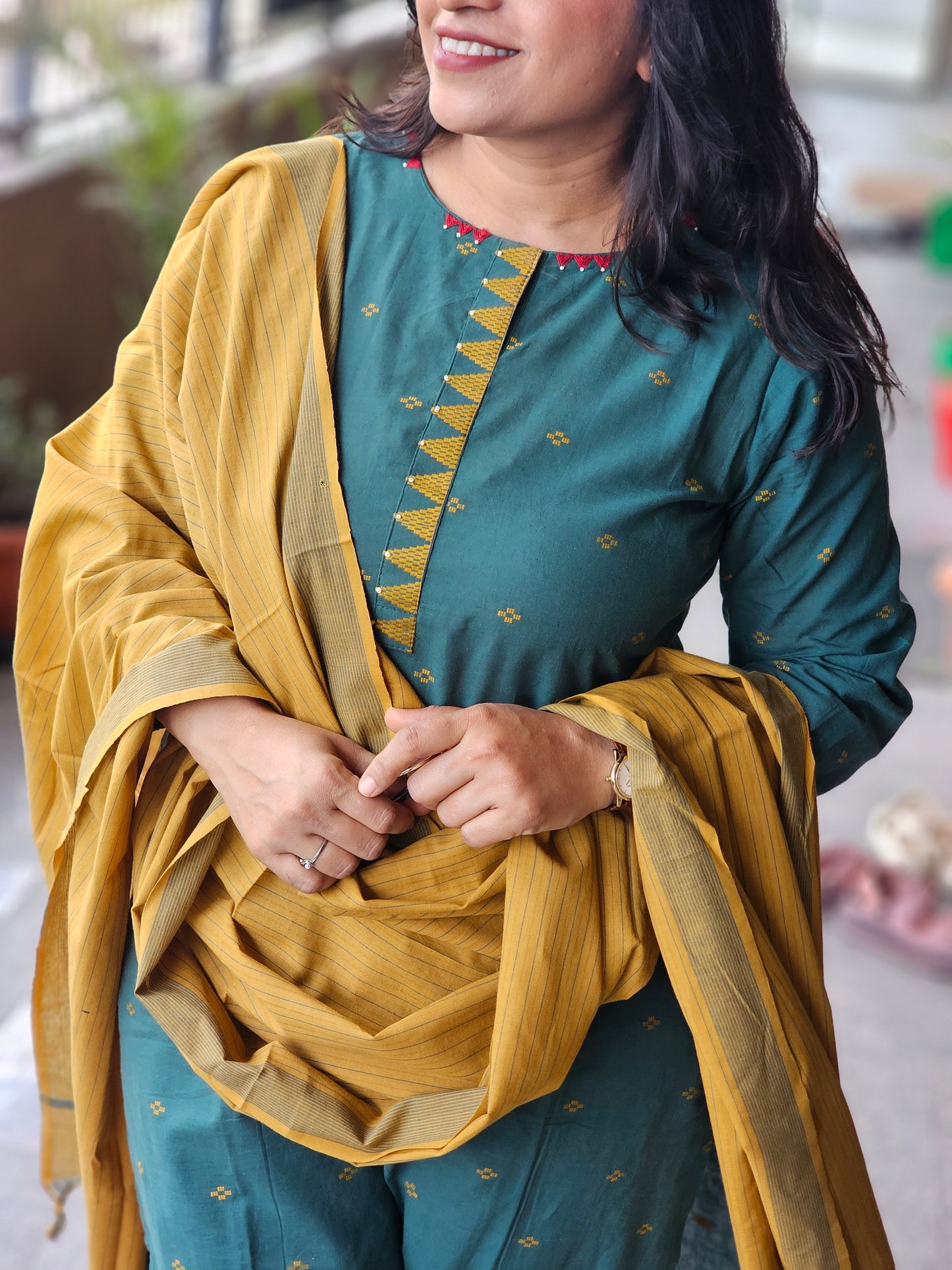 Deep Teal & Mustard Zari Booti 3PCS Set