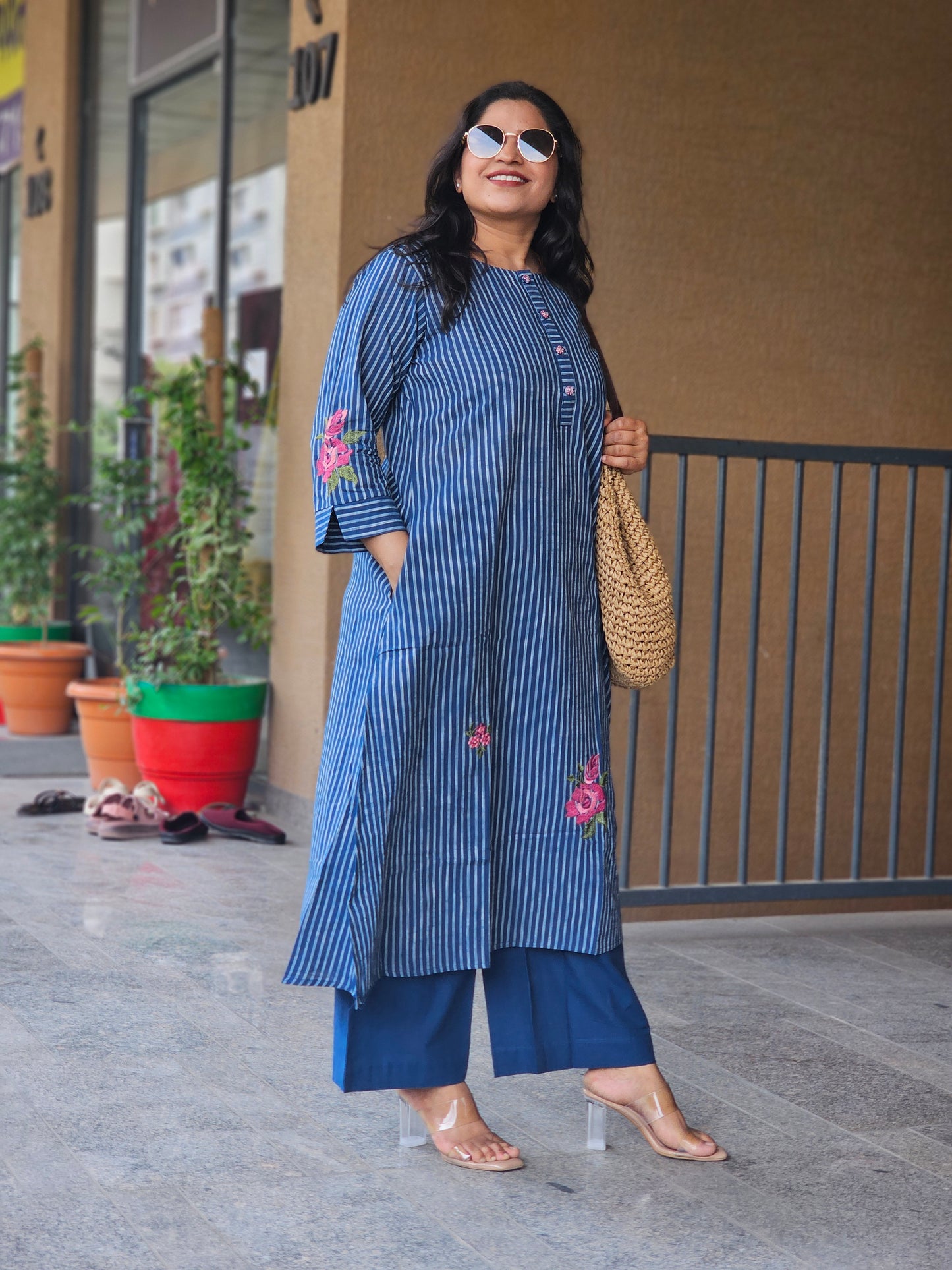 Indigo Mist Floral Embroidered Kurta Set